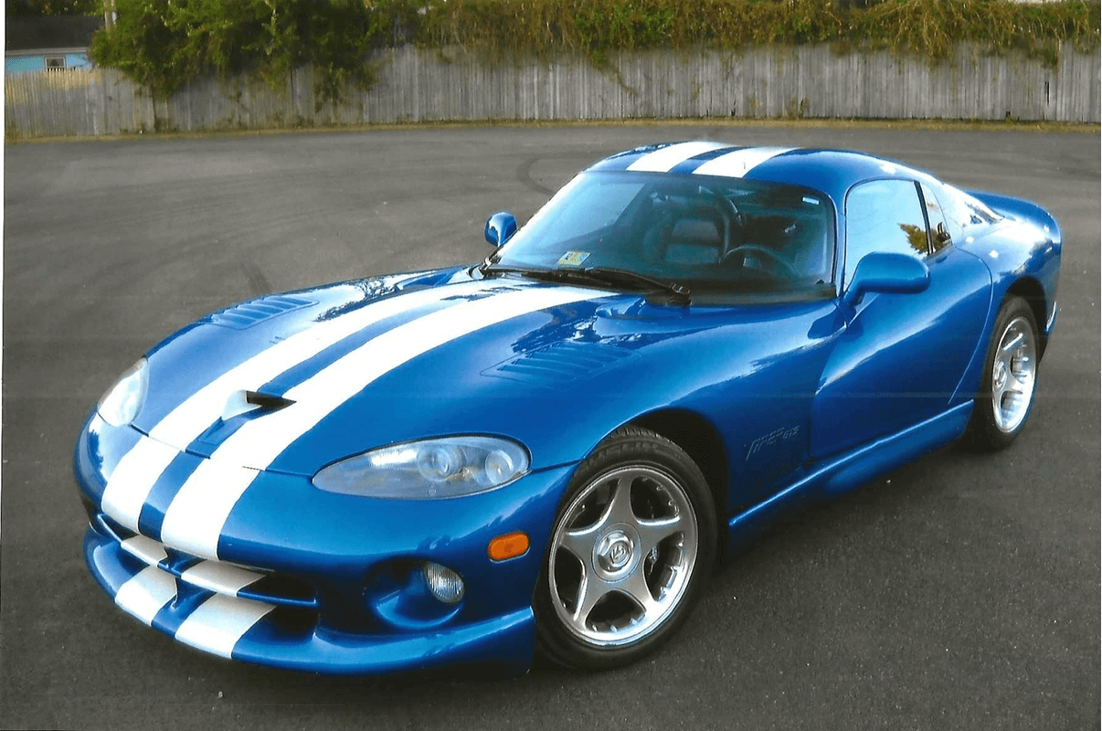 Blue sports car with white stripes