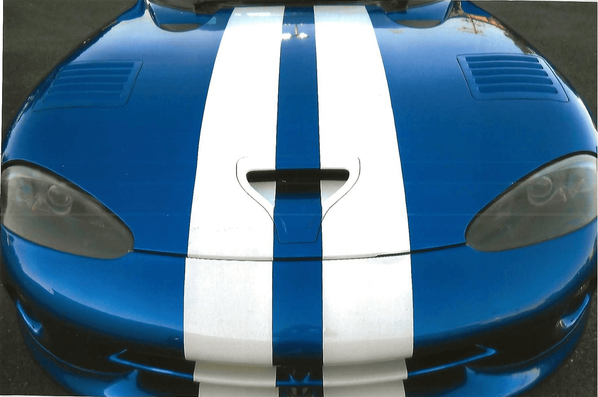 Blue sports car with white racing stripes