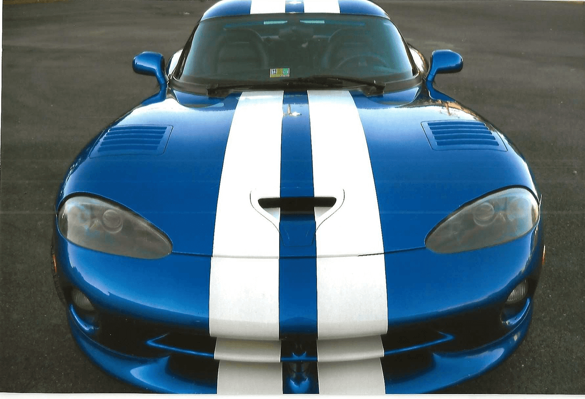 Blue car with bold white stripes